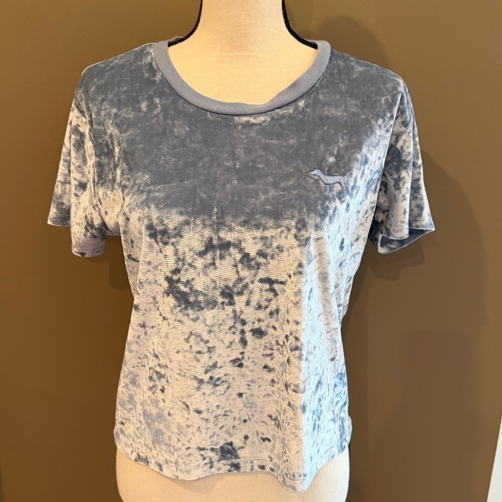 PINK Women's Soft Blue Velvet Shirt, Short Sleeve, Size Medium